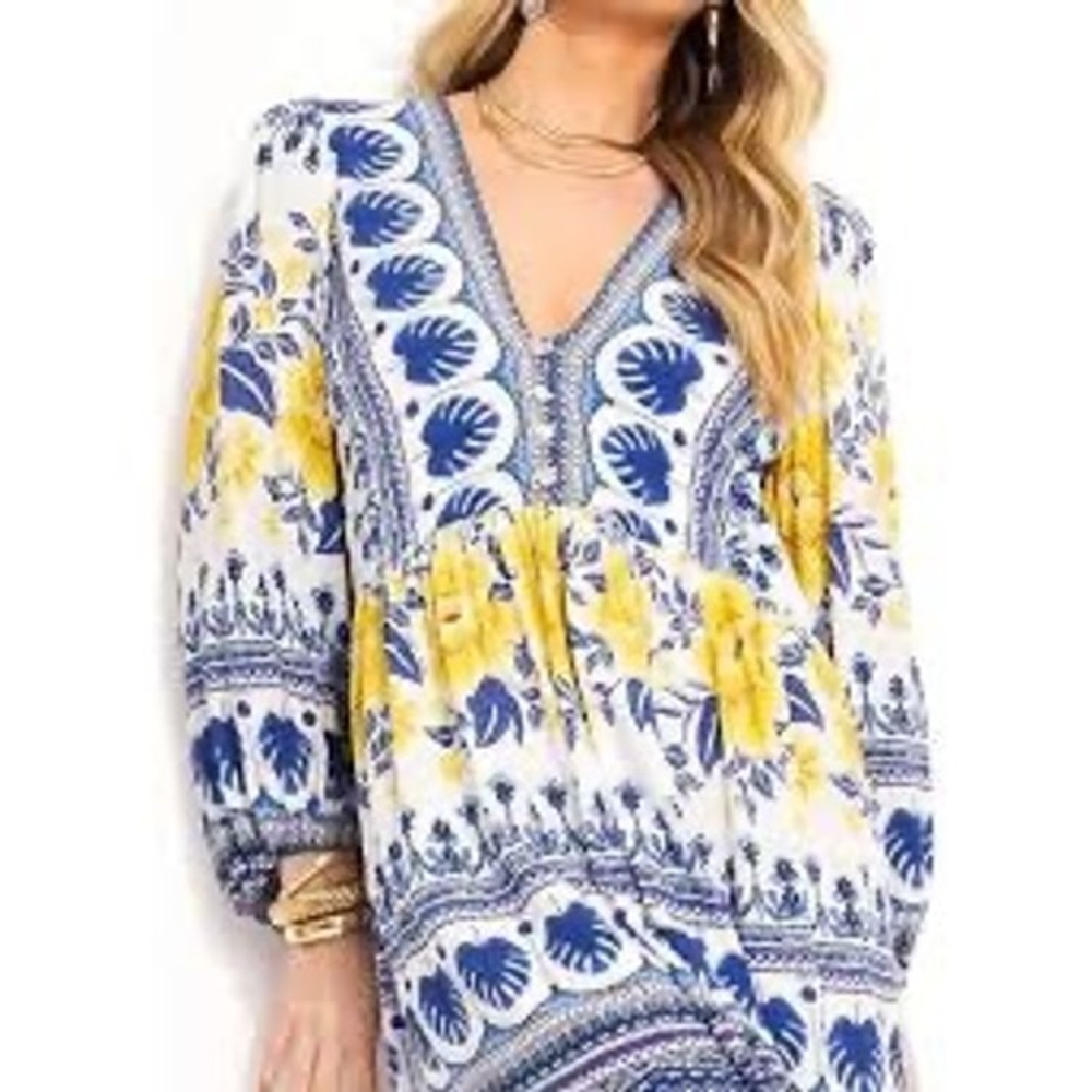 Farm Rio Azulina Mini Dress Women Medium Blue Yellow Floral Tropical Puff Sleeve
